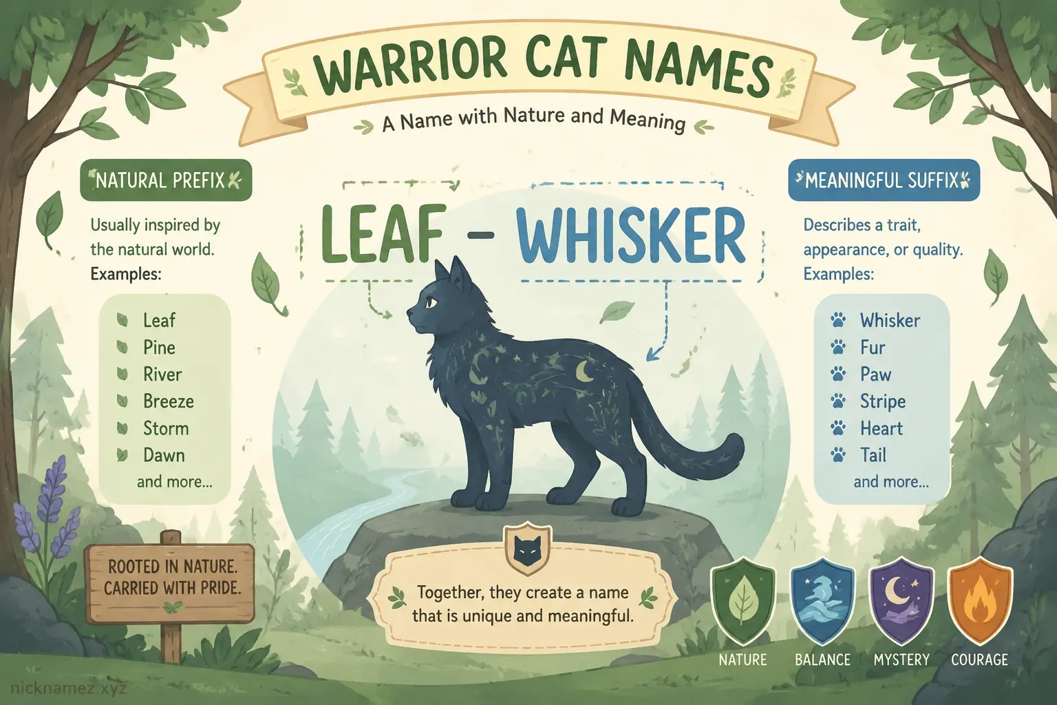 Illustration of a Warrior Cat name structure with natural prefixes and suffixes