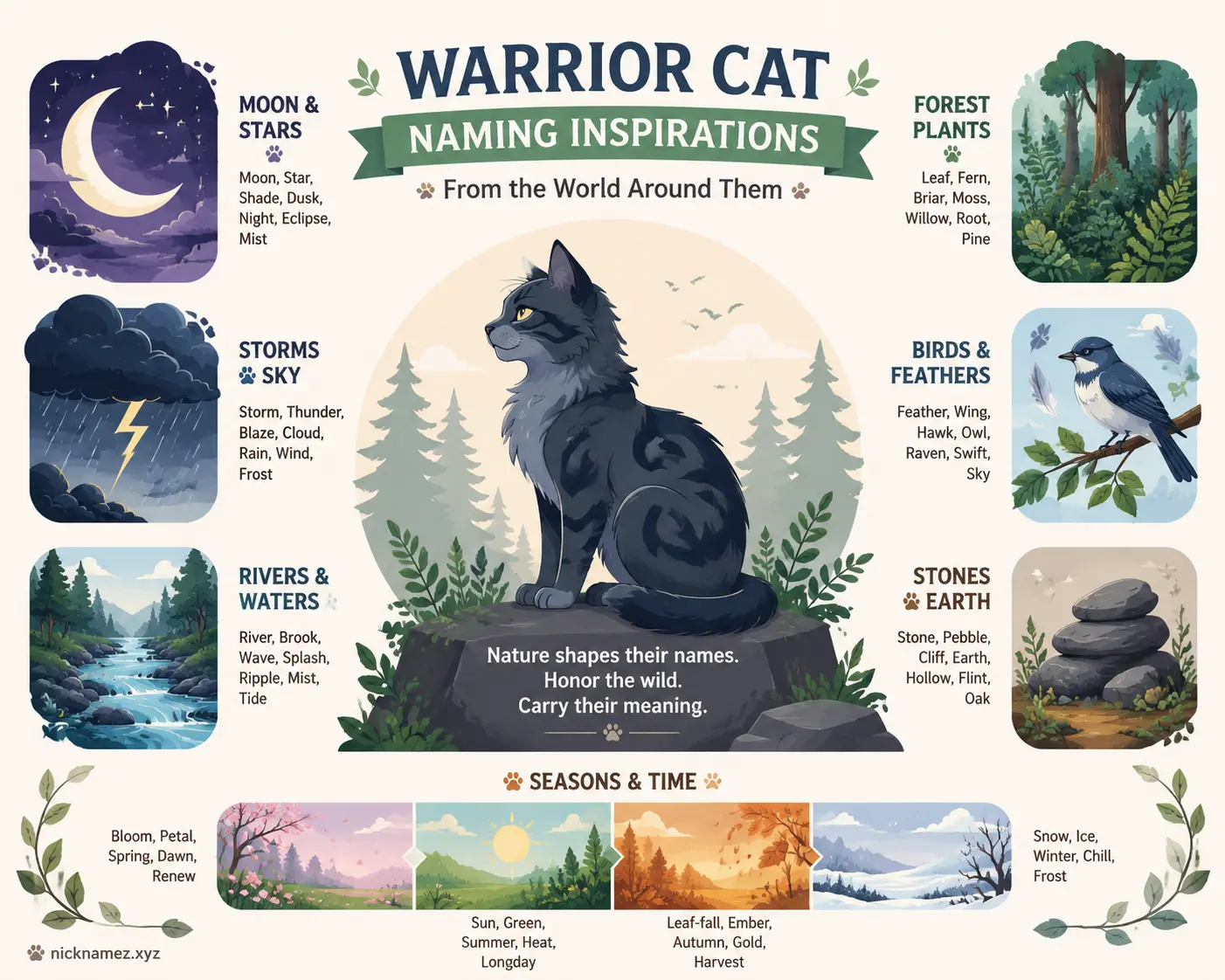 Whimsical illustration of nature themes used in Warrior Cat naming